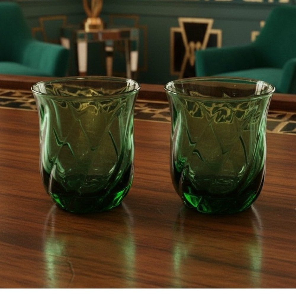 Anchor Hocking‎ Emerald Green Lowball Tumblers, Set of 2, Vintage Rocks Glasses